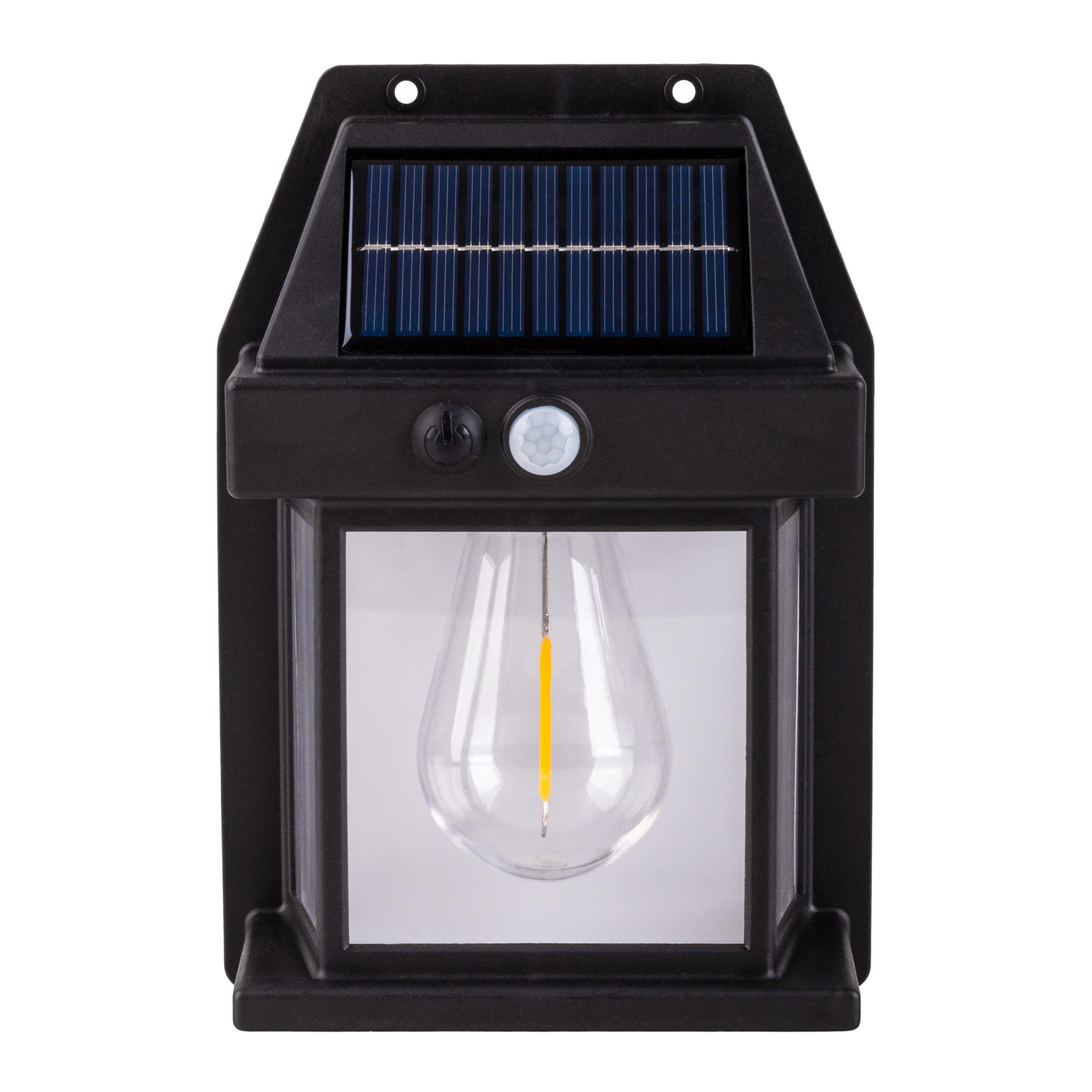 Schwarze Solarleuchte mit Solarpanel, transparentem Leuchtmittel und Bewegungssensor.