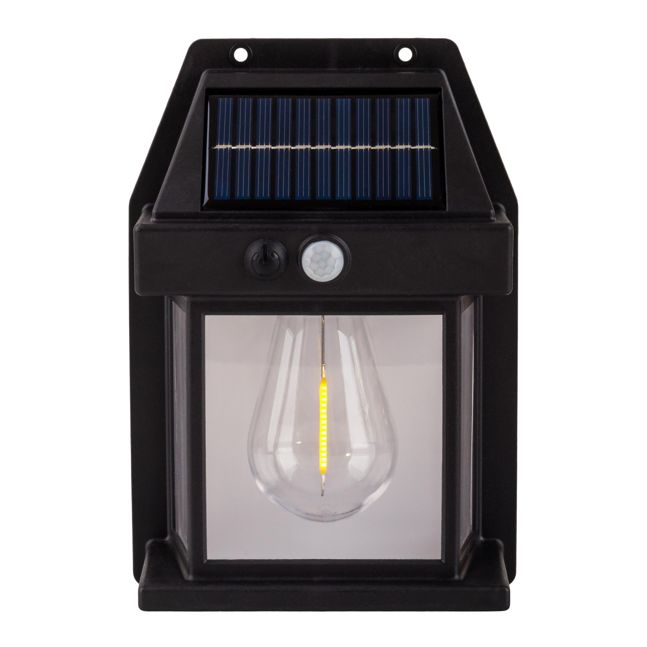 Eine schwarze Solarleuchte mit Solarpanel, birnenförmigem Licht und Bewegungssensor.