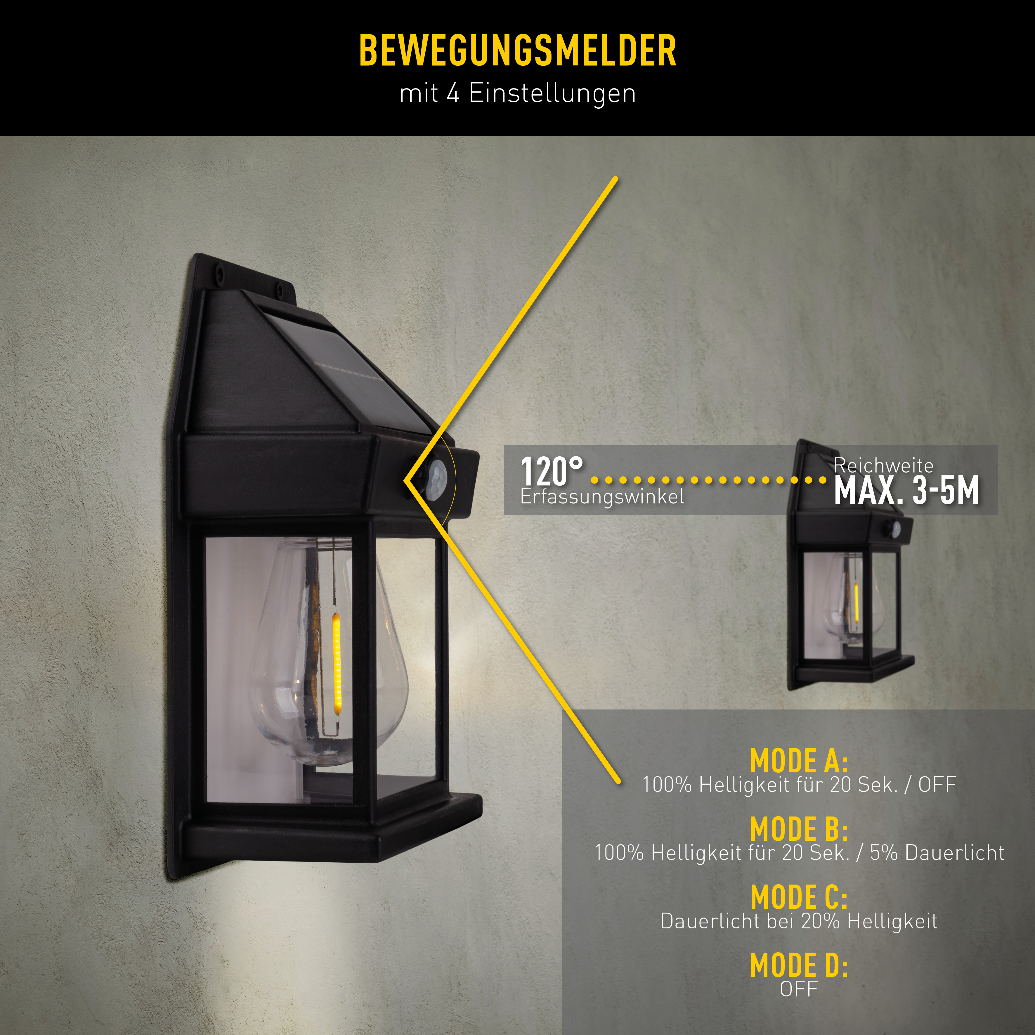 Eine schwarze, an der Wand montierte Solarleuchte mit Glasfront, gelbem Licht und Textbeschriftungen an einer strukturierten Wand. Es hat 4 Modi.
