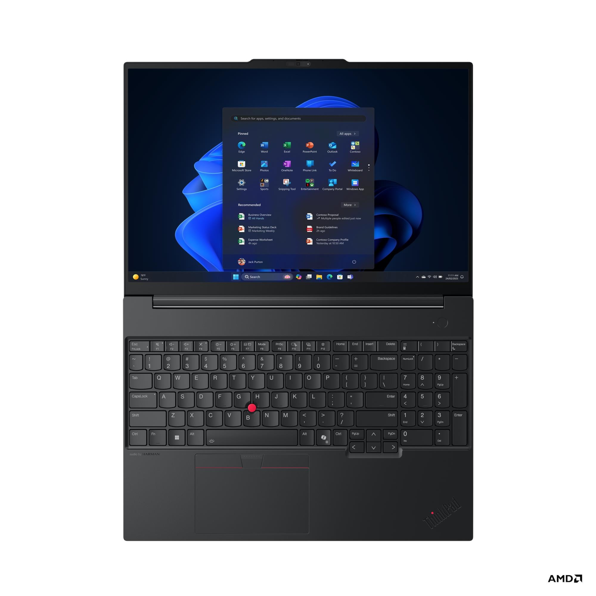Un laptop nero con interfaccia Windows aperta. La tastiera è visibile. Il marchio è ThinkPad e AMD.