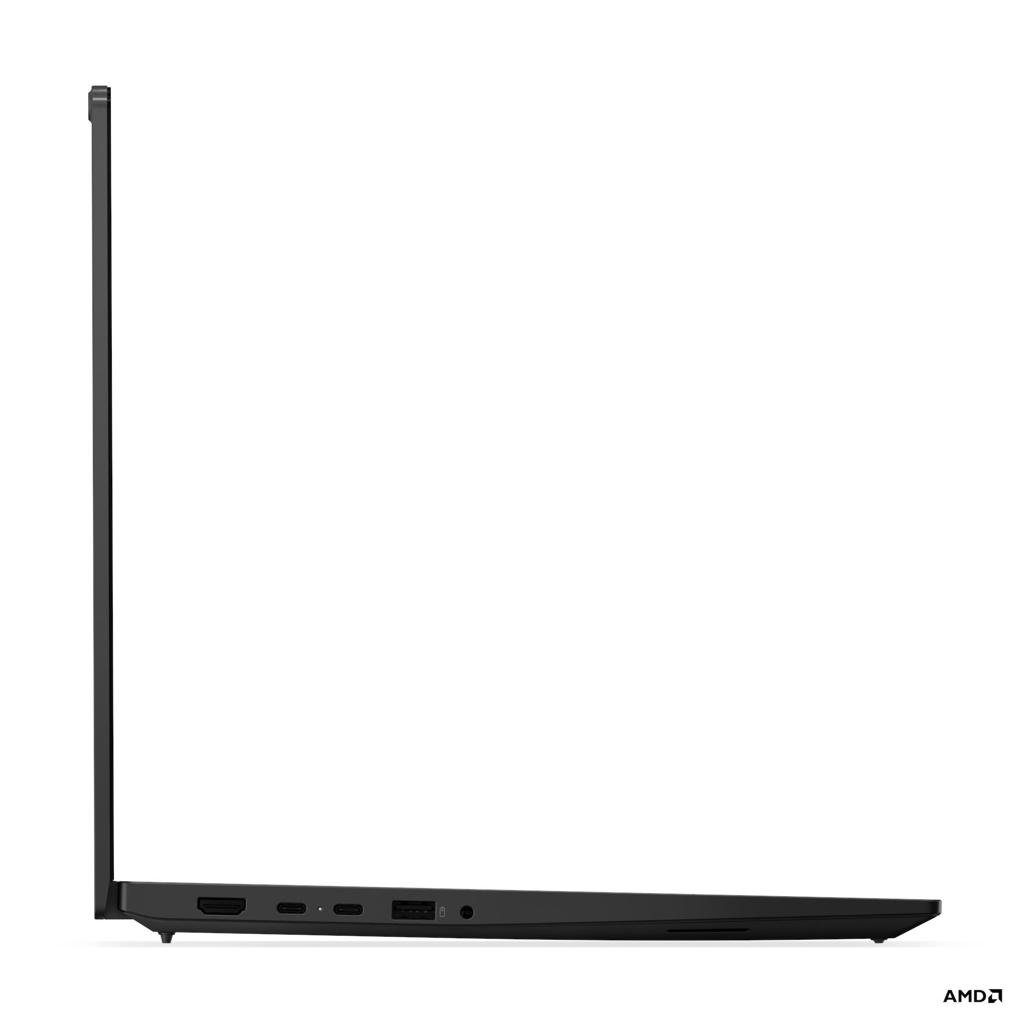 Vista laterale di un laptop nero su sfondo bianco. Le porte sono visibili. Logo AMD in basso a destra.