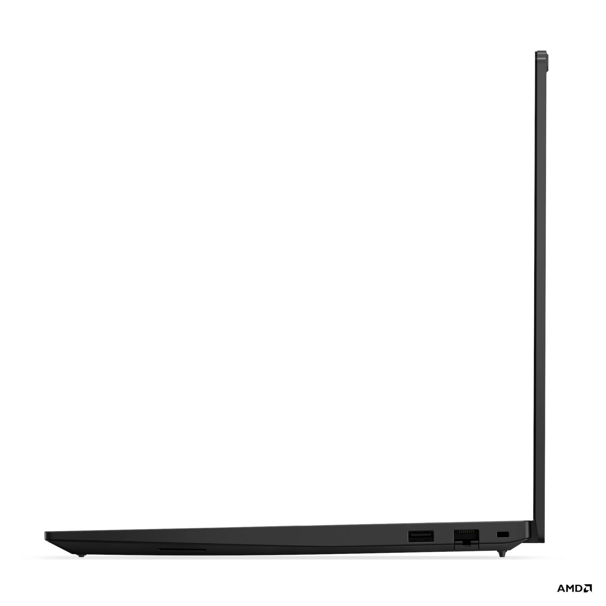 Vista laterale di un laptop nero. Lo schermo è aperto, mostrando le porte laterali. Logo AMD in basso a destra.