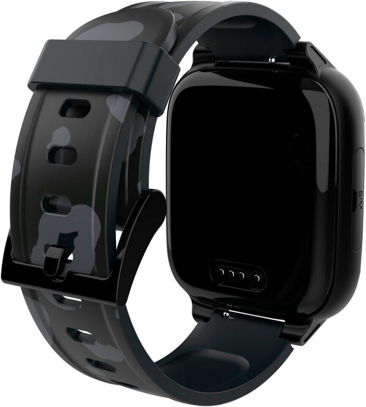 Smartwatch nero con cinturino mimetico. Ha uno schermo quadrato e uno slot per schede SIM. Cinturino allacciato.