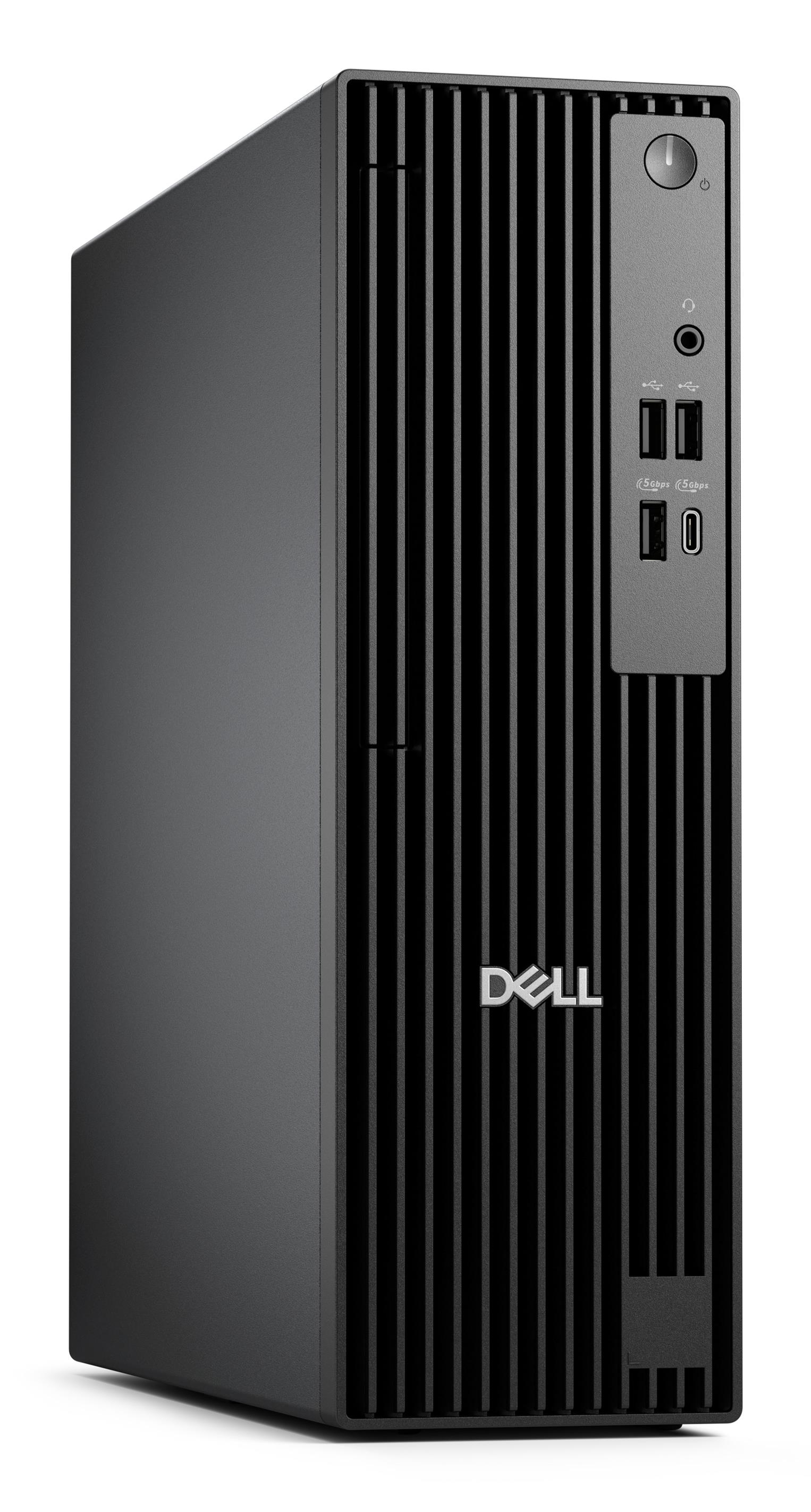 Una computadora de escritorio Dell negra. Tiene un botón de encendido, puertos USB y una toma de auriculares. El logotipo de Dell es visible.