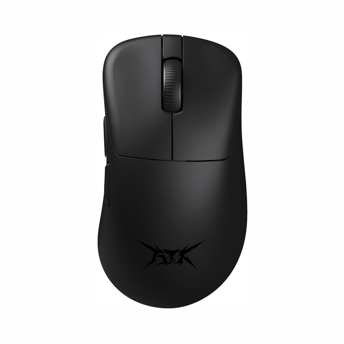 A black computer mouse, top view, on a white background. It has a scroll wheel and a logo.