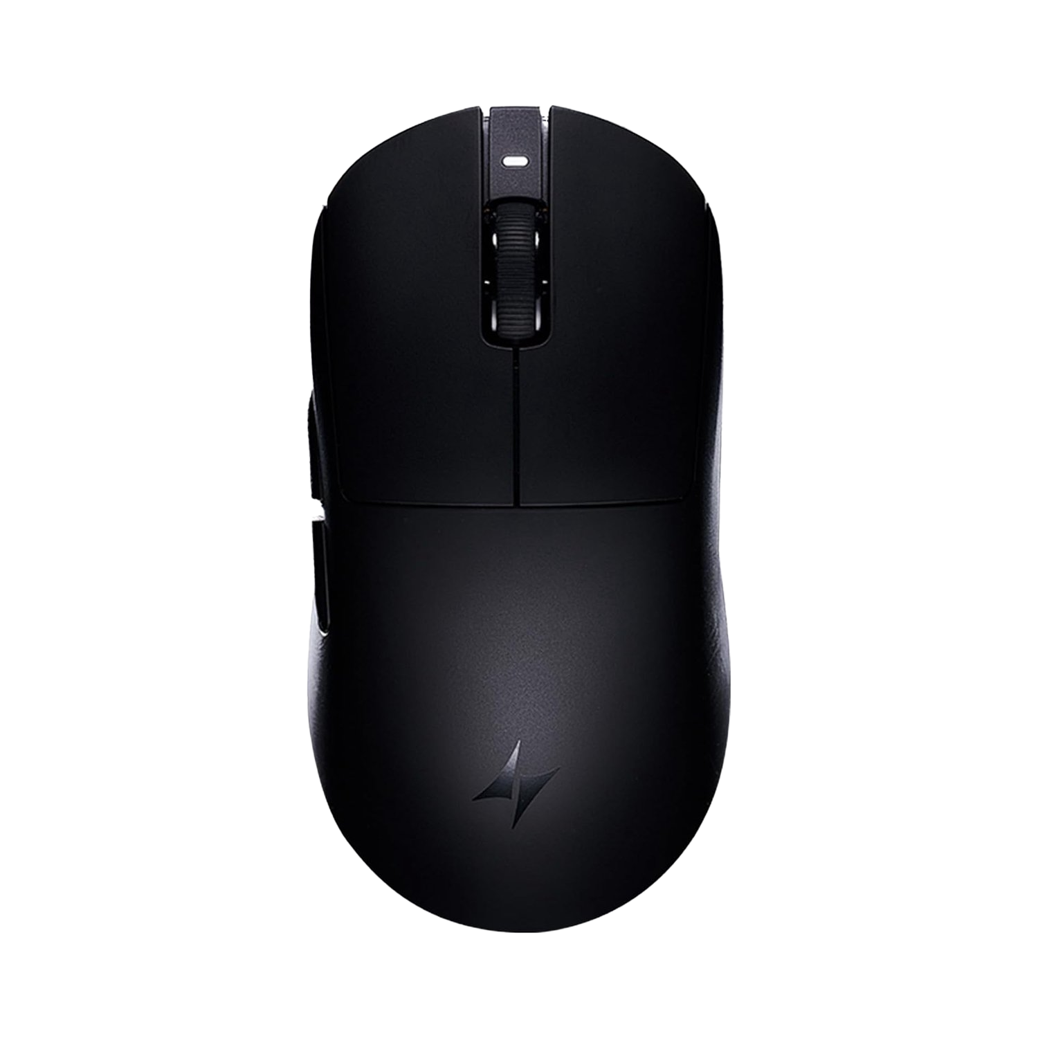 Een zwarte gamingmuis op een witte achtergrond. Het heeft een scrollwiel, zijknoppen en een logo.