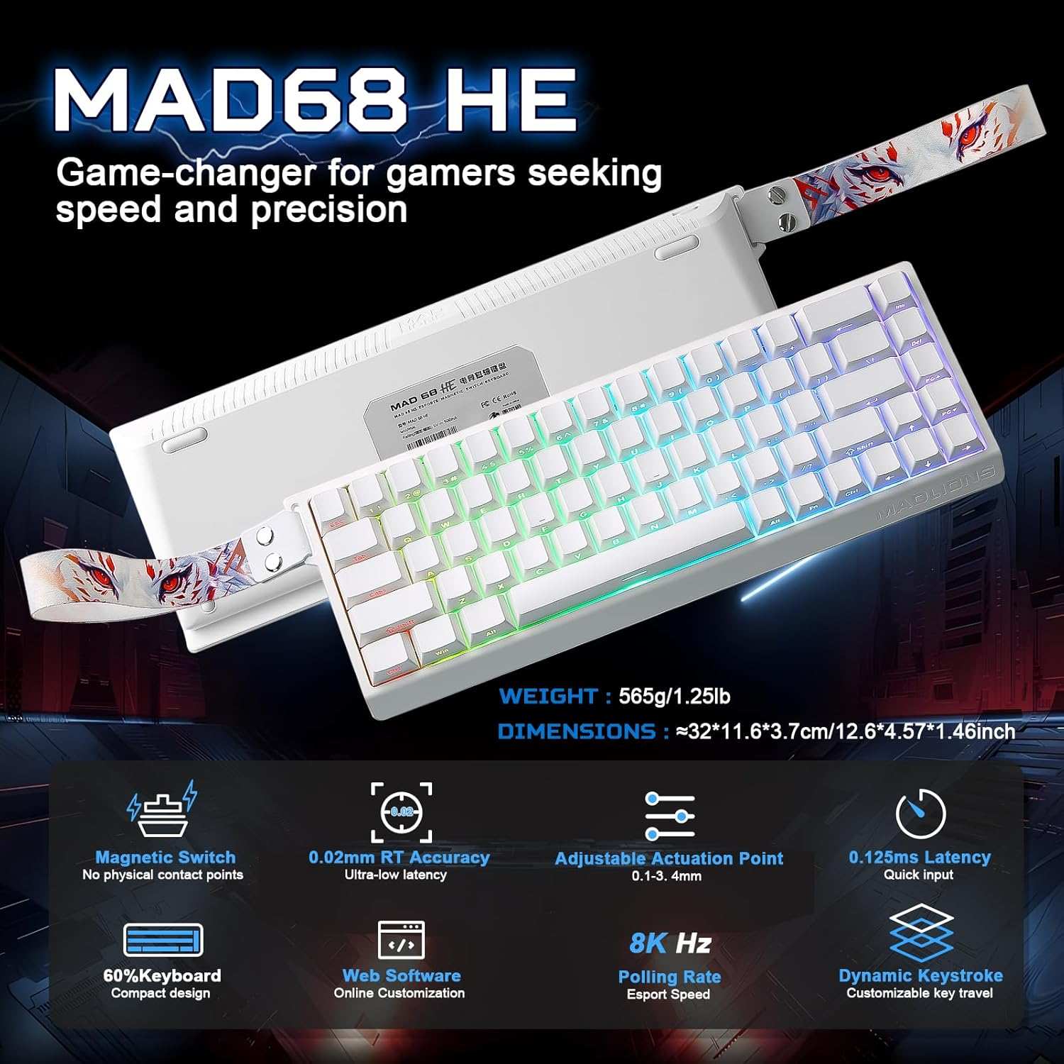 A white gaming keyboard with colorful keys. Features include a magnetic switch, low latency, and adjustable actuation.