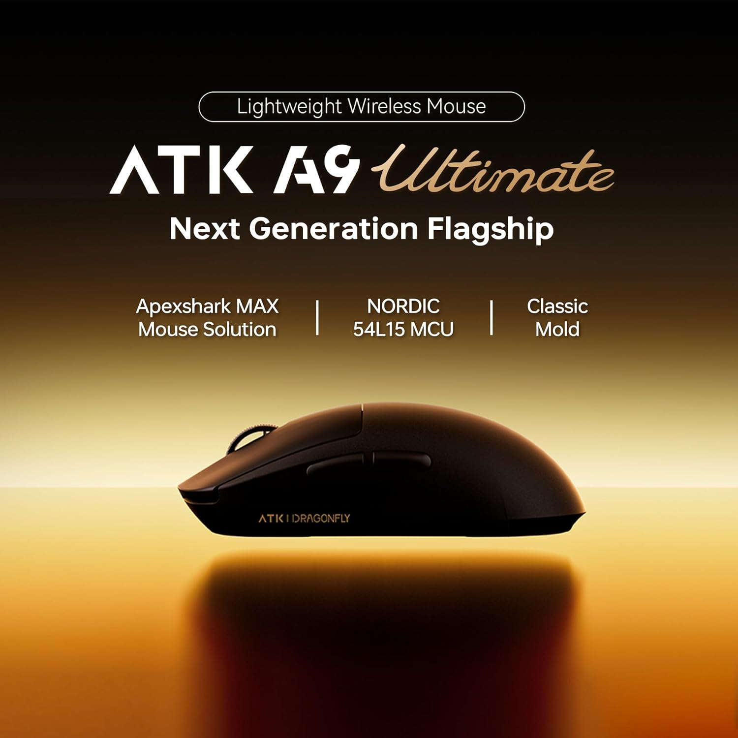 Een zwarte draadloze muis, ATK A9 Ultimate, staat centraal op een gele-bruine gradiënt achtergrond. Tekst bevat 'Next Generation Flagship'.