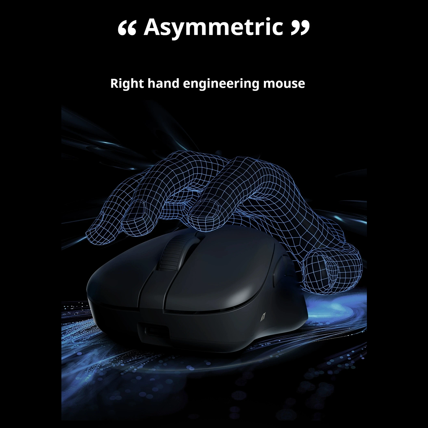 Black computer mouse, wireframe hand above it. Text says 'Asymmetric' and 'Right hand engineering mouse'.