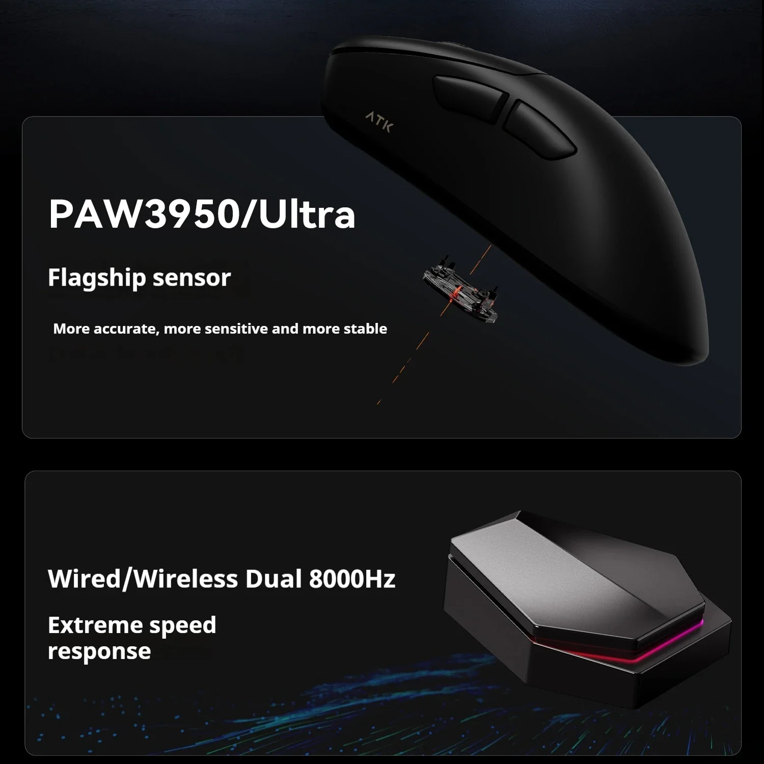 Black gaming mouse with buttons, and product details, including sensor and dual 8000Hz. Dark background. 