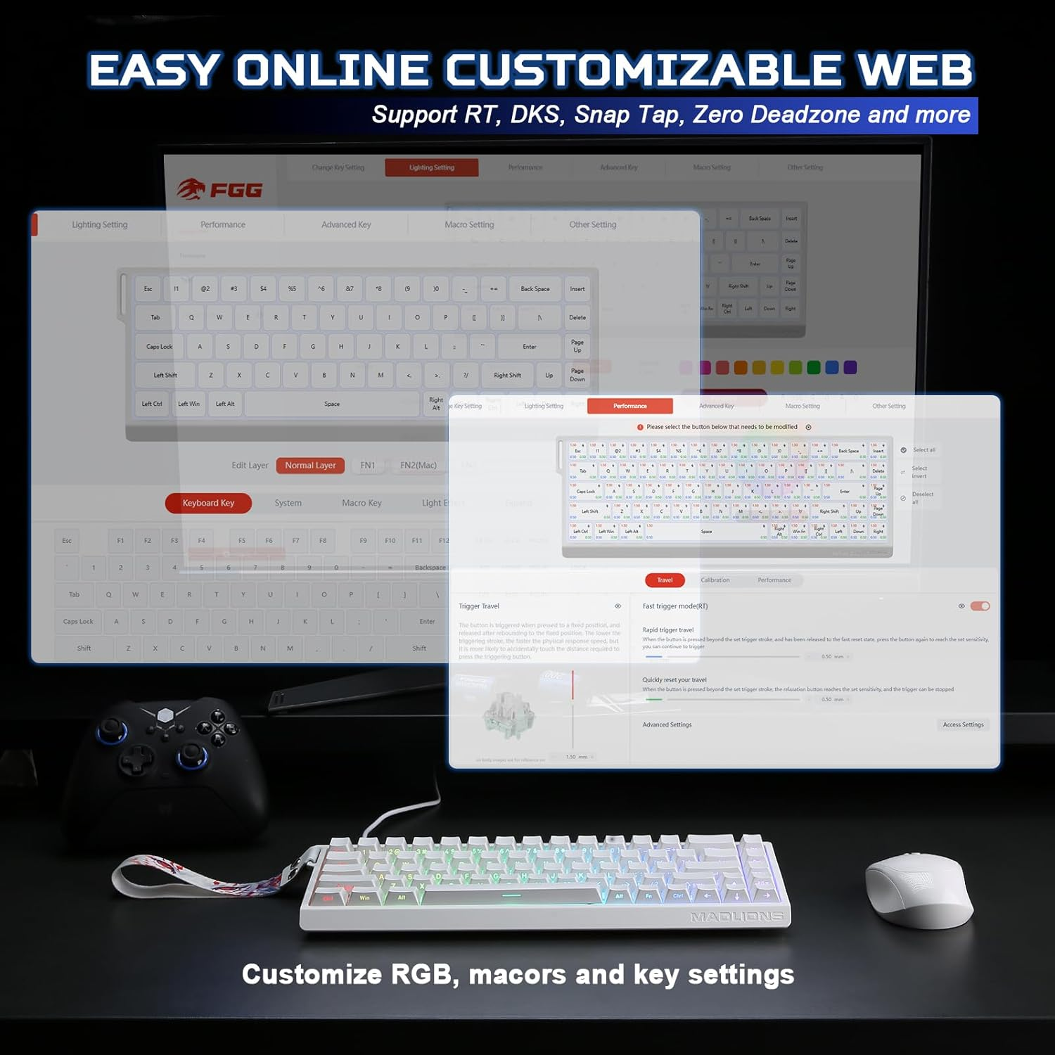 A computer setup with a keyboard, mouse, and game controller. A screen displays settings.