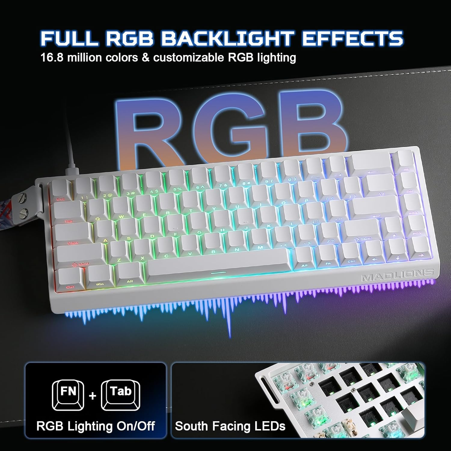 A white keyboard with RGB backlighting, showing keys and the text "RGB". Features include FN+Tab for lighting and South Facing LEDs.