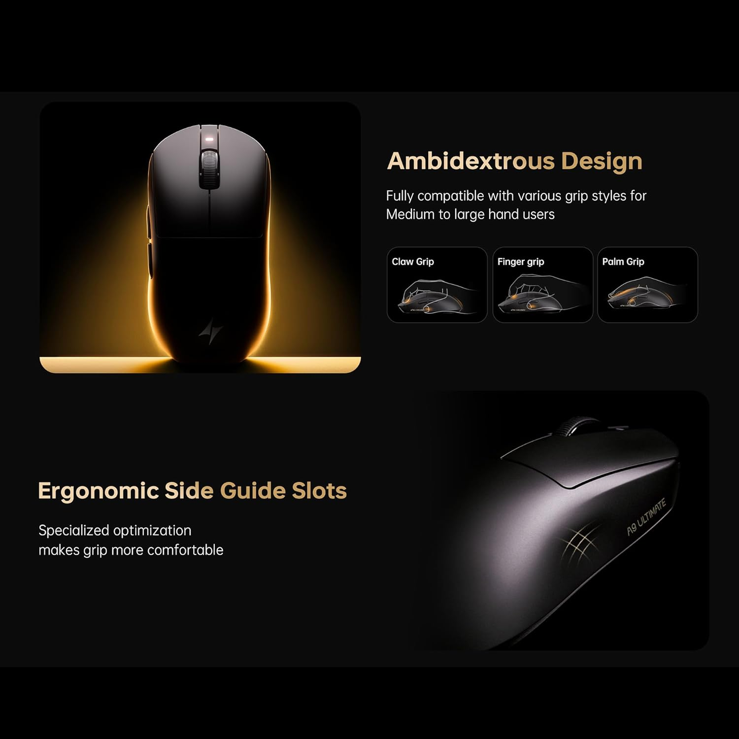 Zwarte gamingmuis met ergonomische zijgleuven. Ambidextrous ontwerp, geschikt voor klauw-, vinger- en palm grip.