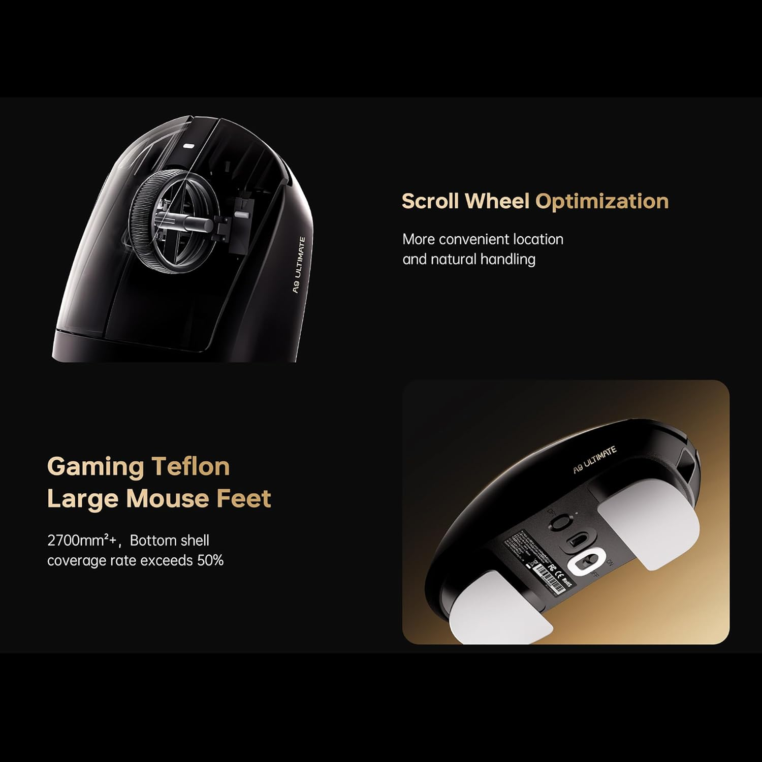 De afbeelding toont een zwarte gamingmuis. Details zijn onder meer het scrollwiel, grote muisvoeten en tekst die functies benadrukt.