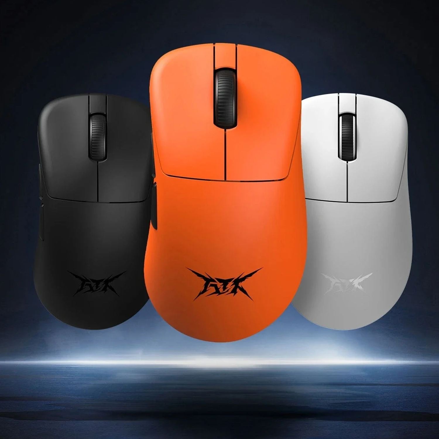 Three gaming mice: black, orange, and white. Each has a scroll wheel and a logo. Set against a dark blue gradient background.