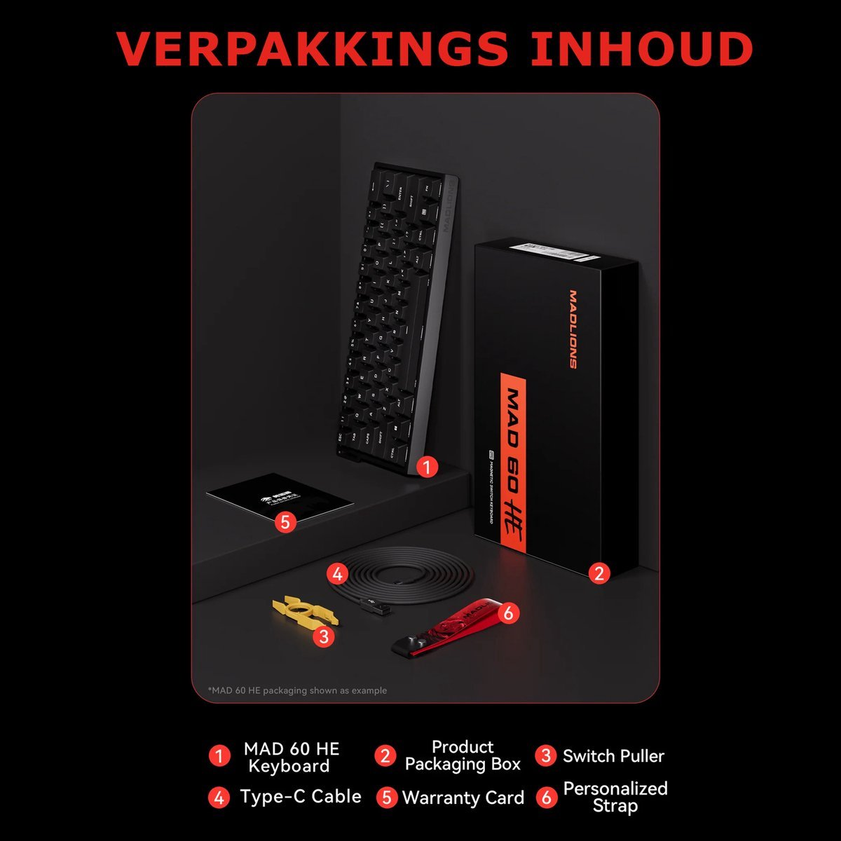 Een toetsenbord en een doos met accessoires worden weergegeven. De doos is zwart en het toetsenbord is zwart. Andere accessoires zijn geel en rood.