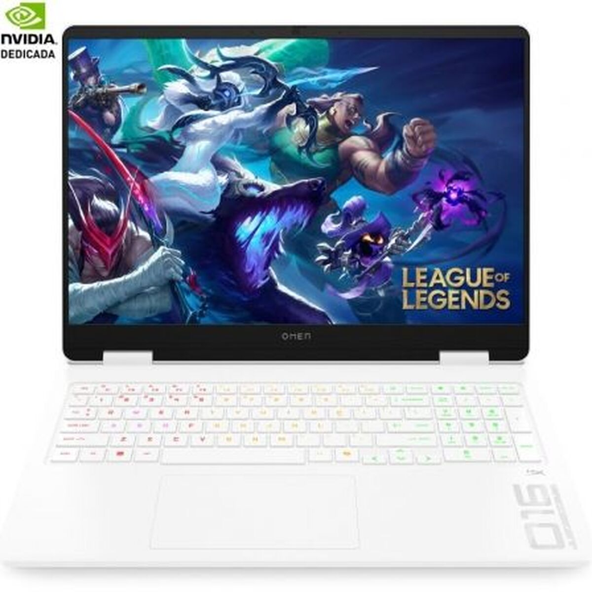Un portátil OMEN blanco muestra una imagen de League of Legends. Tiene un teclado blanco y el logo de NVIDIA arriba a la izquierda.