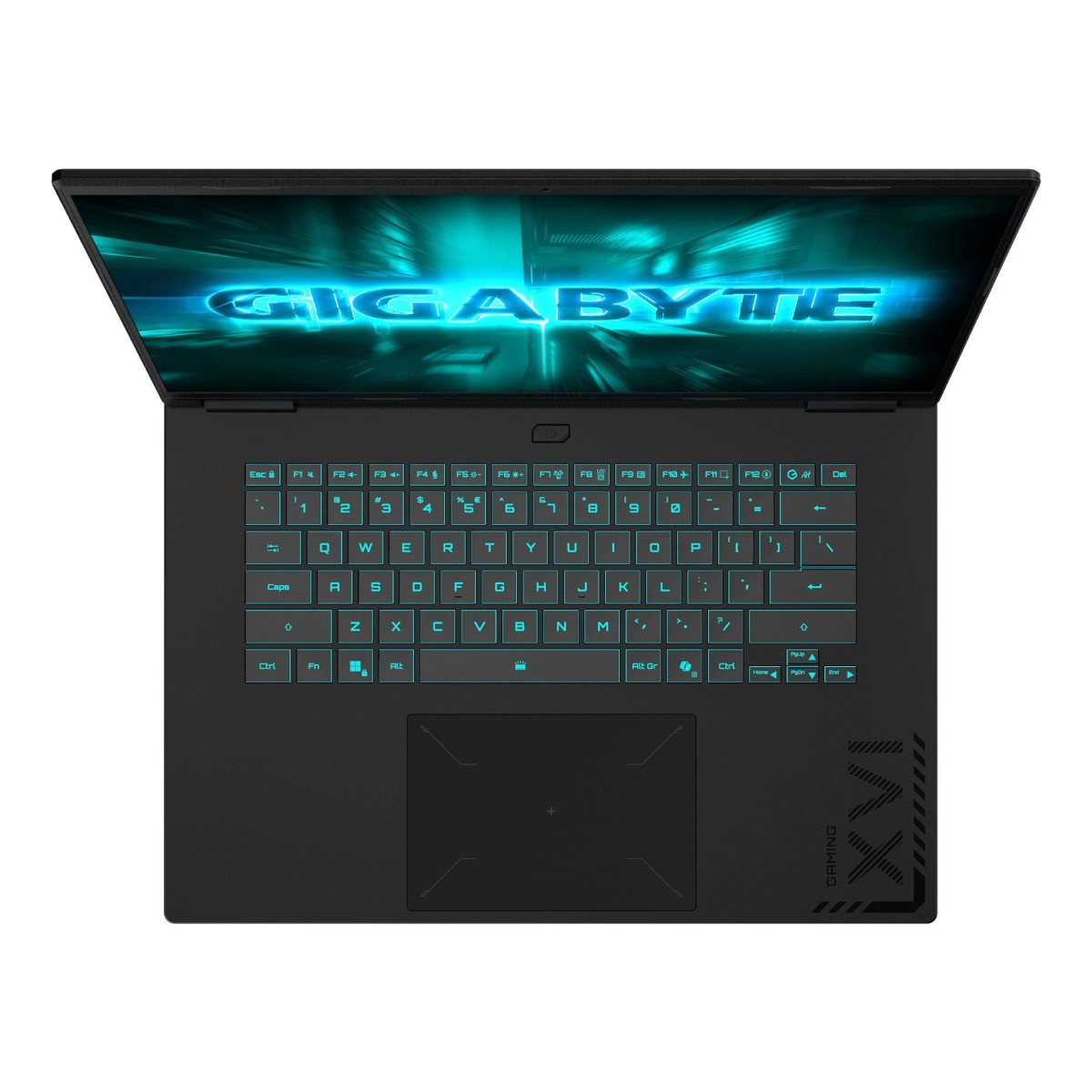 Ein schwarzer Gigabyte-Laptop mit Hintergrundbeleuchtung. Der Bildschirm zeigt das Gigabyte-Logo. Die Tastatur ist zentriert.