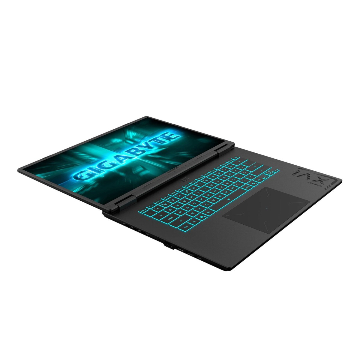 Ein schwarzer Gigabyte-Laptop ist geöffnet. Der Bildschirm zeigt 'GIGABYTE' in Blau. Die Tastatur hat blaue Hintergrundbeleuchtung.