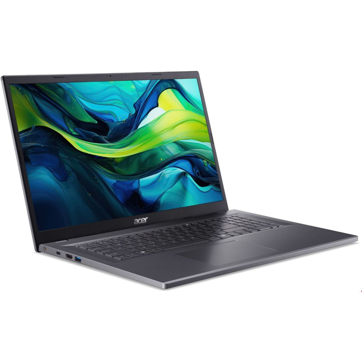 Laptop Acer jest otwarty, wyświetlając kolorowy, abstrakcyjny obraz. Jest na białym tle. Widoczna jest klawiatura i touchpad.