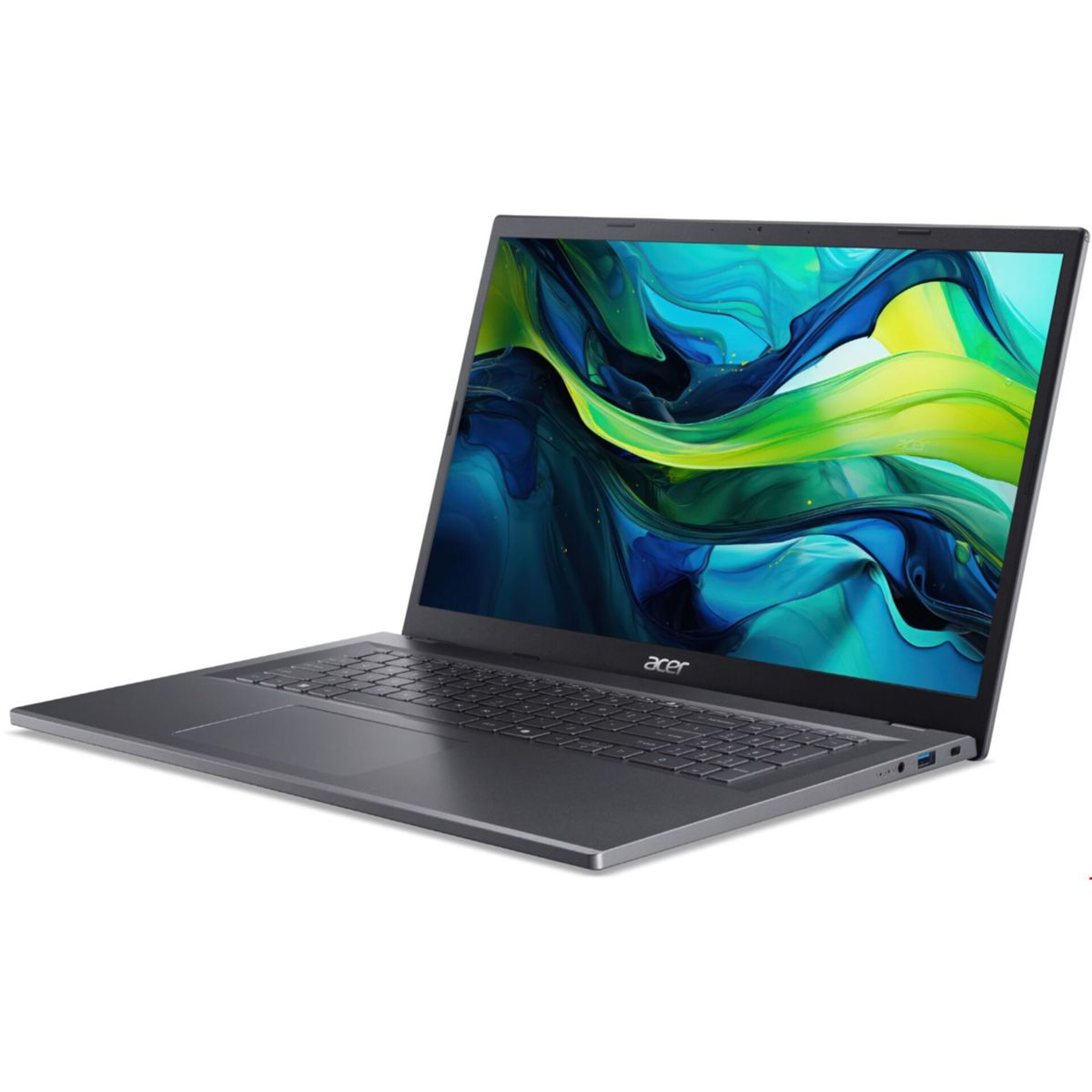 Szary laptop Acer jest otwarty. Ekran wyświetla abstrakcyjną sztukę w kolorze niebieskim, żółtym i zielonym. Widoczna klawiatura i touchpad.