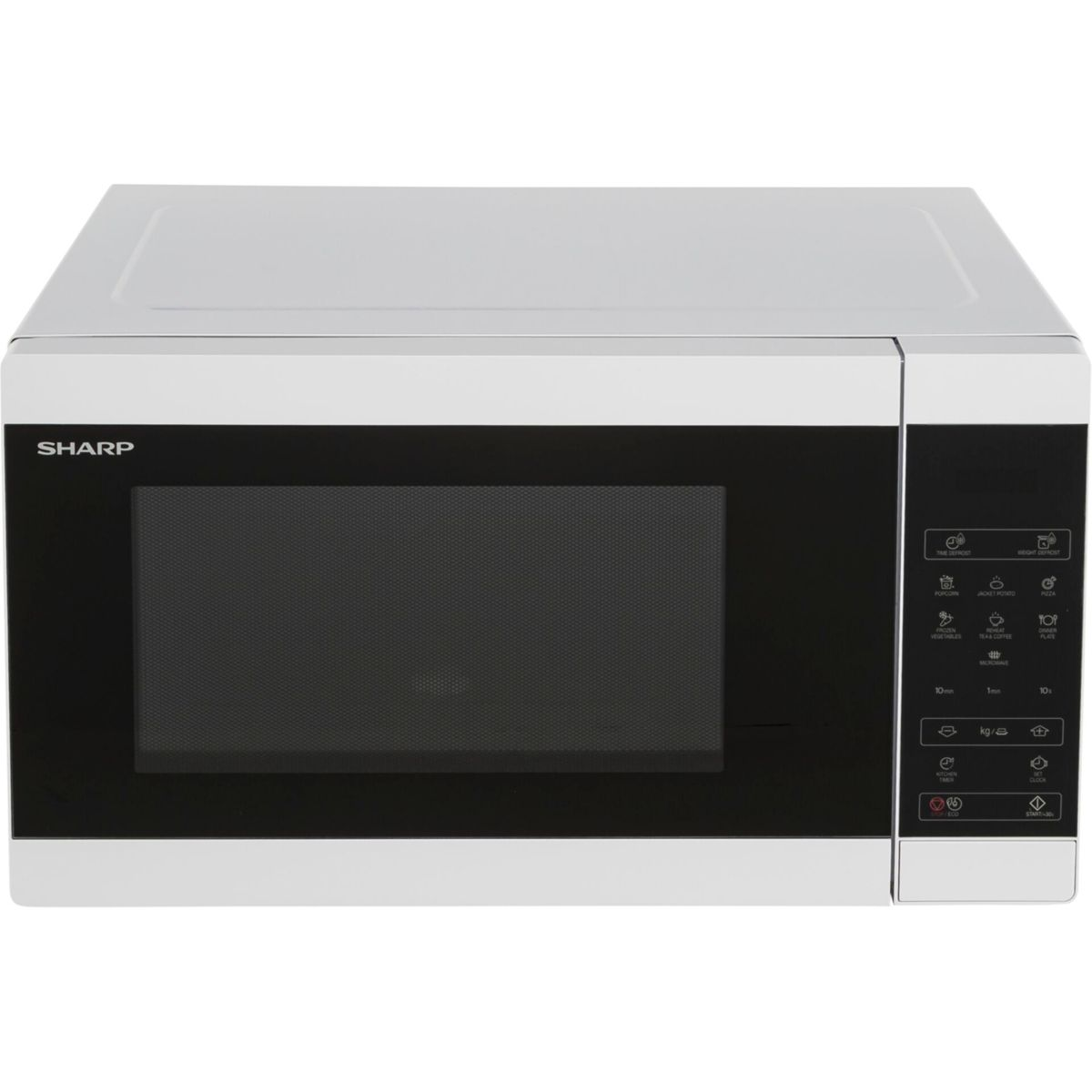Un forno a microonde Sharp bianco con porta nera e pannello di controllo a destra. Ha pulsanti e orologio digitale.