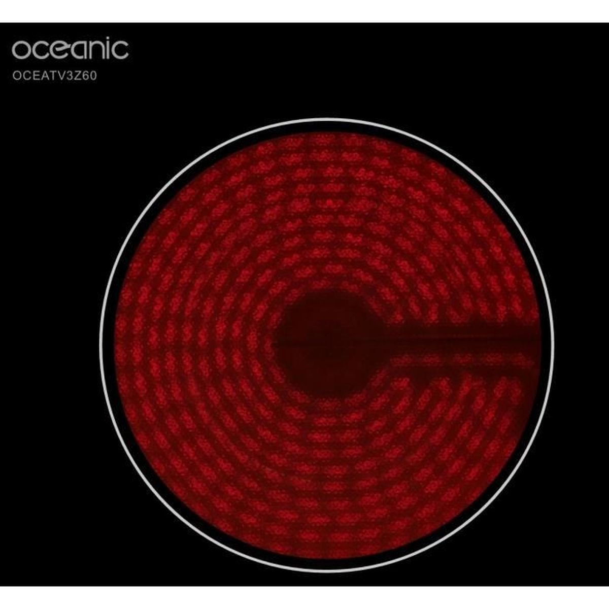 Un fornello rosso e circolare su superficie nera. Un anello bianco lo circonda. Il marchio 'oceanic' è visibile in alto.