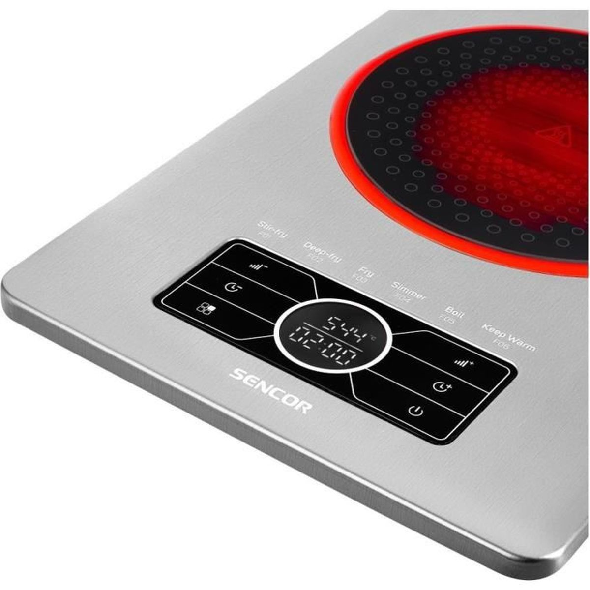Un piano cottura a induzione argentato con elemento riscaldante rosso. Un display digitale mostra tempo e temperatura. Pulsanti ed etichette.