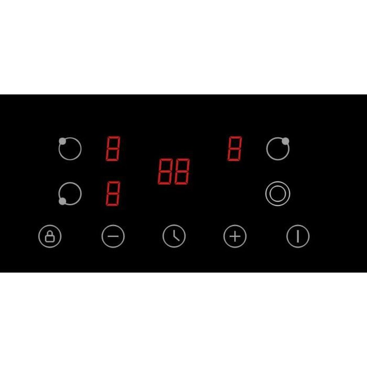 Pannello di controllo nero con display digitali rossi che mostrano numeri e simboli. Include pulsanti per varie funzioni.