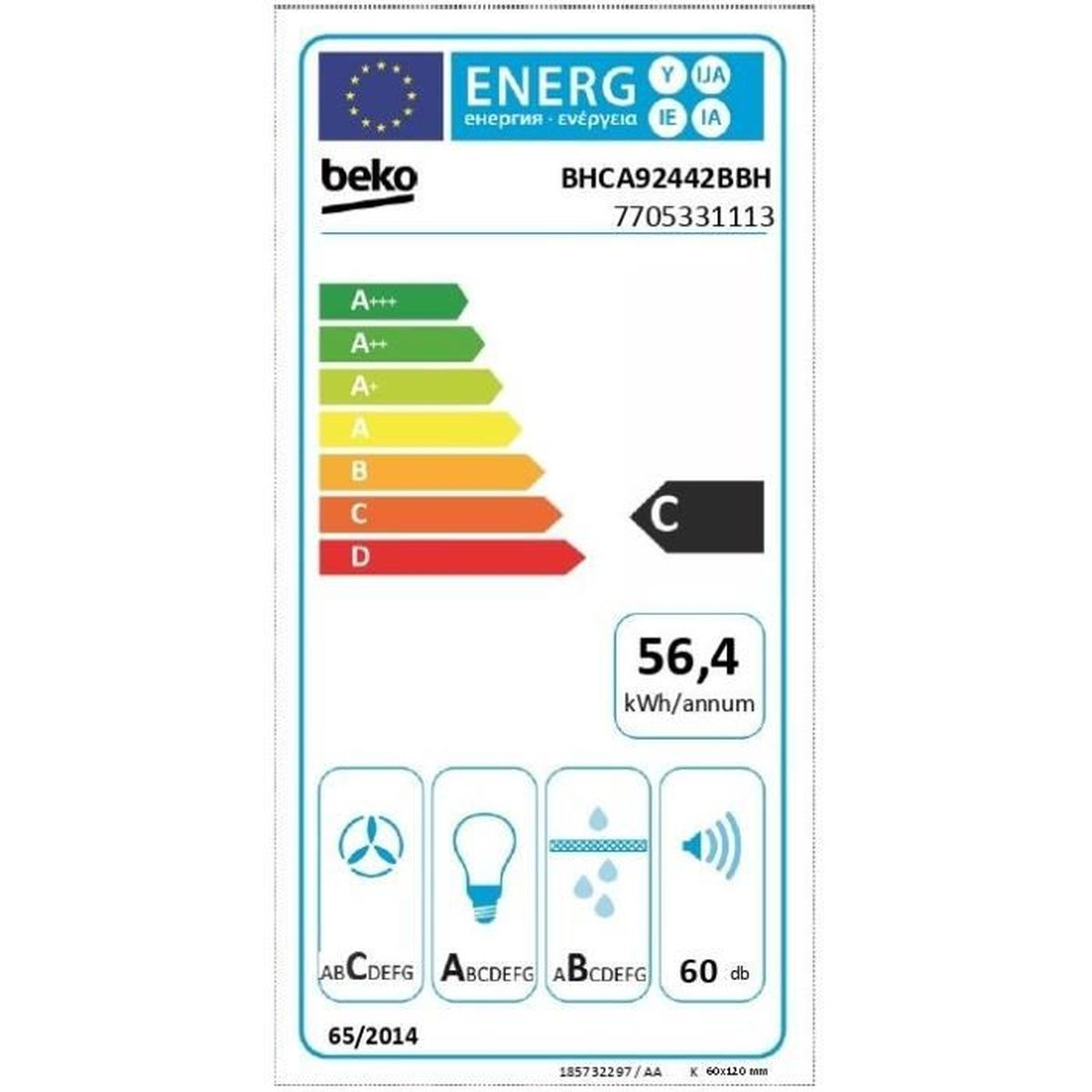 Etichetta energetica per un elettrodomestico Beko. Mostra l'efficienza energetica, il consumo e il livello di rumore in un riquadro bianco.