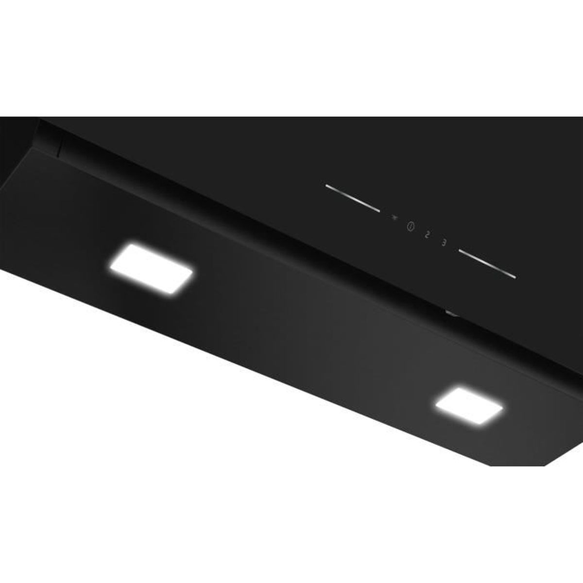Un primo piano di una cappa nera con due luci brillanti e un pannello di controllo con i numeri 0, 2, 3 e linee illuminate.