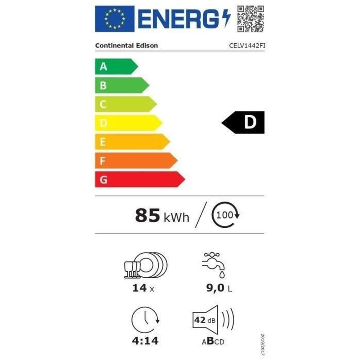 Energielabel mit Energieeffizienzklasse D, 85 kWh, 14 Maßgedecke, 9,0 L Wasserverbrauch, 42 dB Geräuschpegel und 4:14 Zykluszeit.