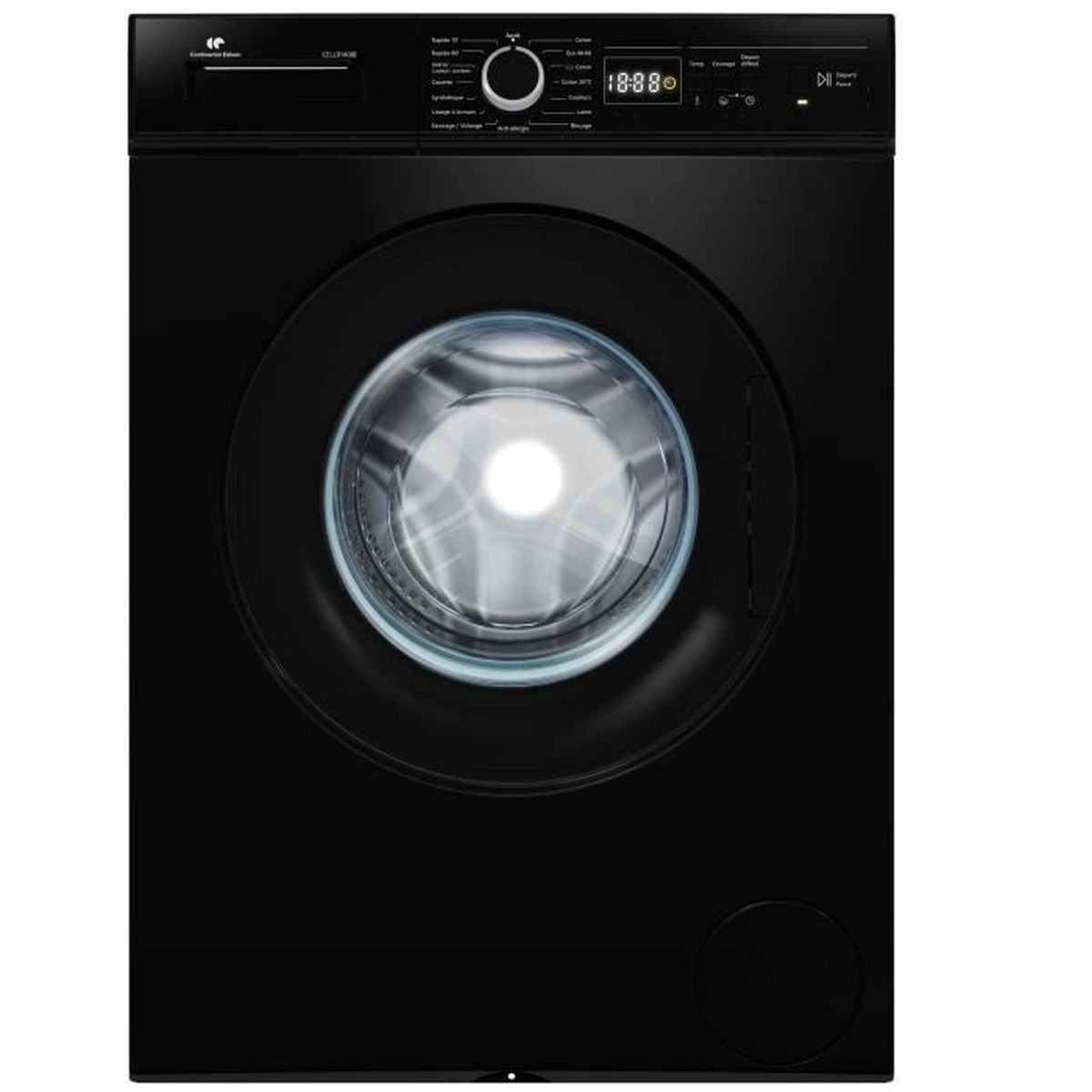 Eine schwarze Waschmaschine mit runder Glastür. Sie hat ein digitales Display und ein Bedienfeld oben.