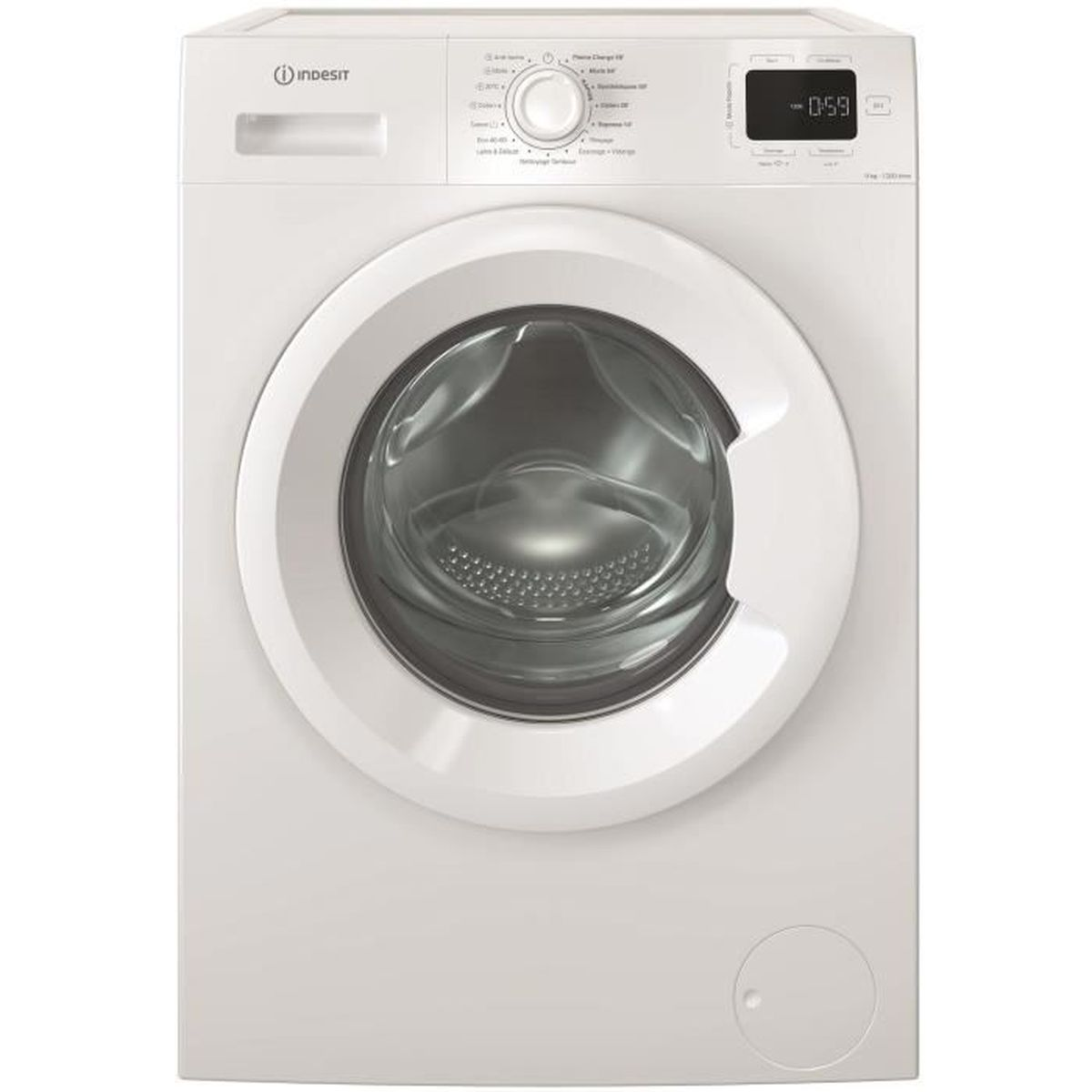 Eine weiße Indesit Waschmaschine. Sie hat eine runde Tür, ein Bedienfeld und eine Digitalanzeige mit '0:59'. Das Design ist modern und sauber.