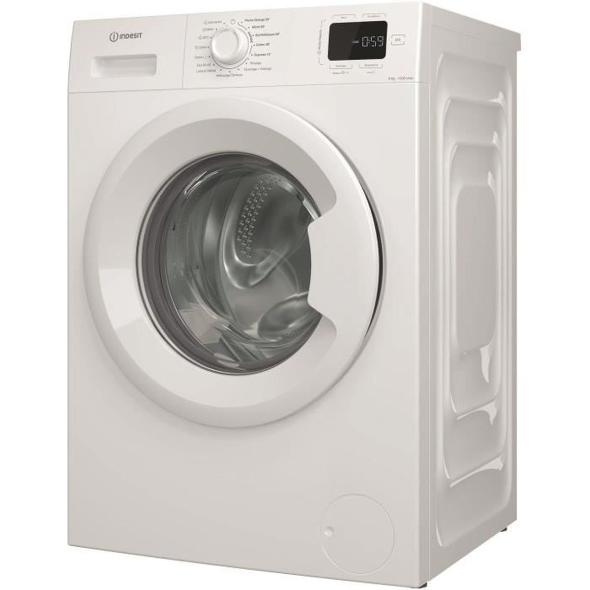 Eine weiße Indesit Waschmaschine. Sie hat eine runde Tür, ein Bedienfeld und eine Digitalanzeige mit 0:59. Die Maschine steht auf weißem Hintergrund.