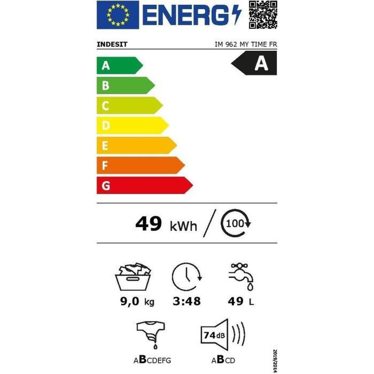Energielabel für eine Indesit Waschmaschine. Zeigt Energieeffizienz, Verbrauchsdetails und weitere Spezifikationen.