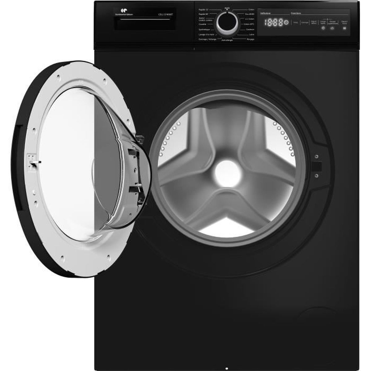 Eine schwarze Waschmaschine mit geöffneter Tür. Die Innentrommel ist sichtbar. Oben befinden sich Bedienelemente und ein Display.
