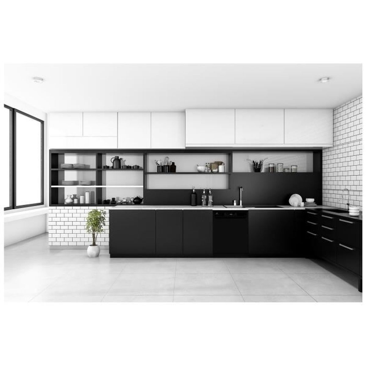 Moderne Küche mit weißen und schwarzen Schränken, Geräten und Backsteinmauer. Eine kleine Pflanze steht am Fenster. Sauber und minimalistisch.