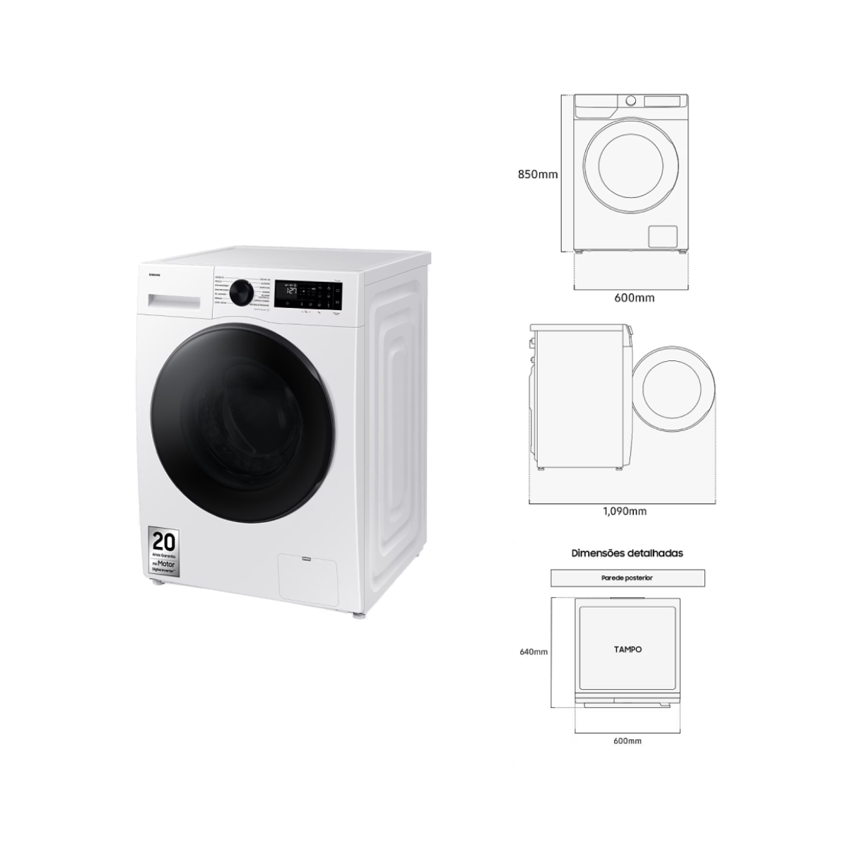 Se muestra una lavadora blanca con puerta negra. Las dimensiones se muestran con diagramas etiquetados. La máquina tiene 20 años de garantía.