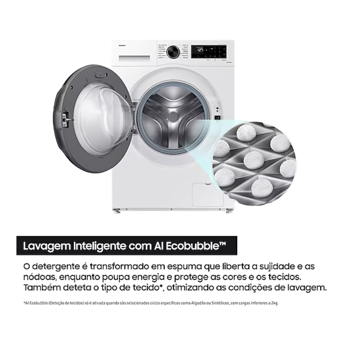 Una lavadora blanca con la puerta abierta, mostrando el interior. Un primer plano muestra bolas blancas en una bandeja.