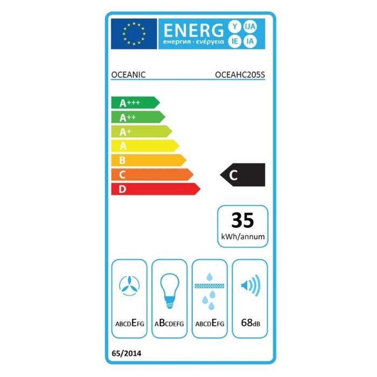 Energielabel für ein Produkt. Es zeigt Energieeffizienzklassen von A+++ bis D, wobei C hervorgehoben wird. Es zeigt Verbrauch und Geräuschpegel.