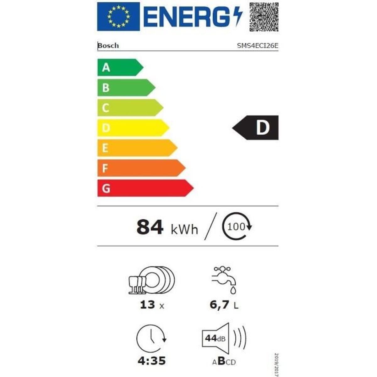 Energielabel für Geschirrspüler mit Effizienzklassen A-G. Zeigt Energieverbrauch, Kapazität, Wasserverbrauch, Geräuschpegel und Programmdauer.