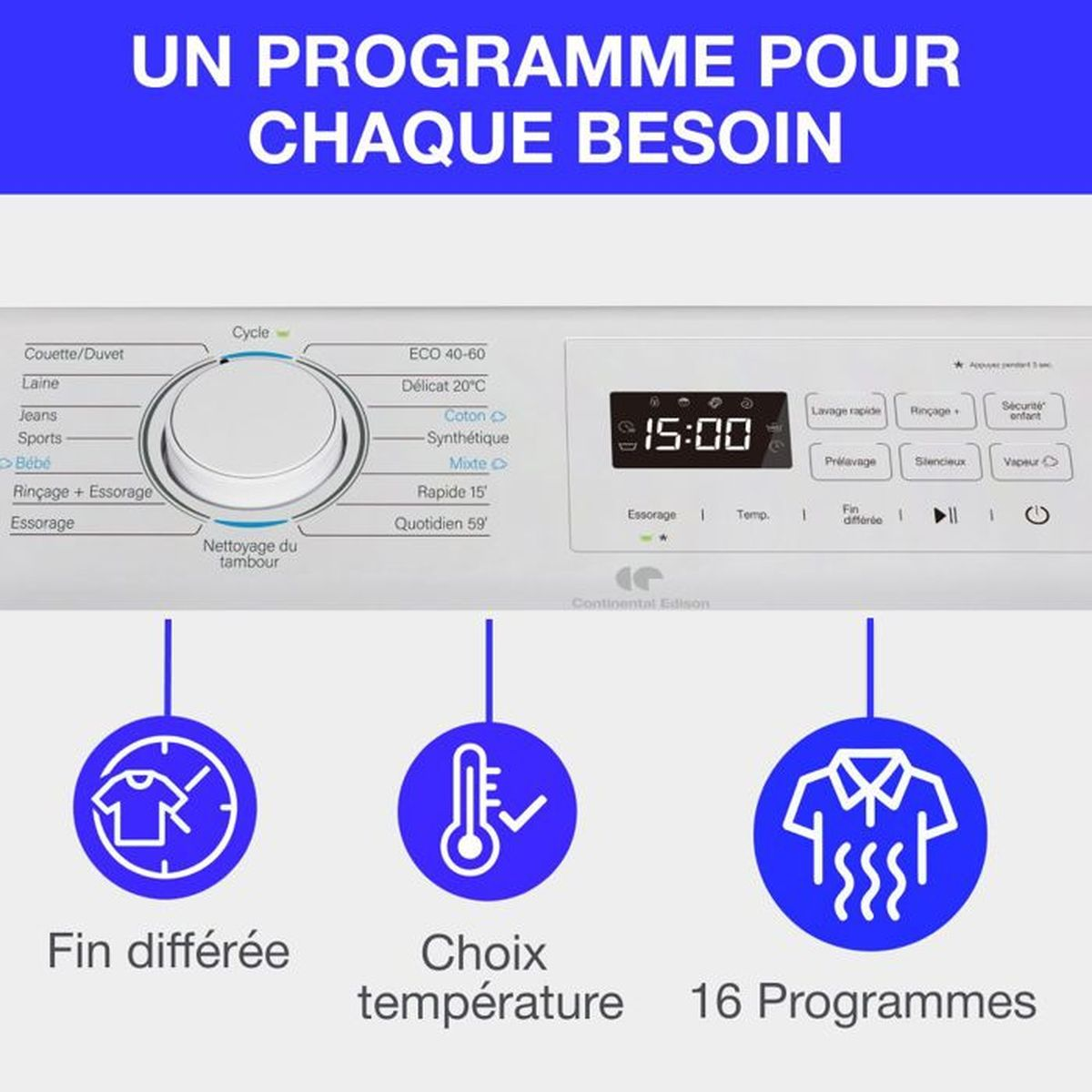 Waschmaschine mit blauen Symbolen, Textoptionen und einer Digitalanzeige mit 15:00. Der Text oben lautet 'UN PROGRAMME POUR CHAQUE BESOIN'.