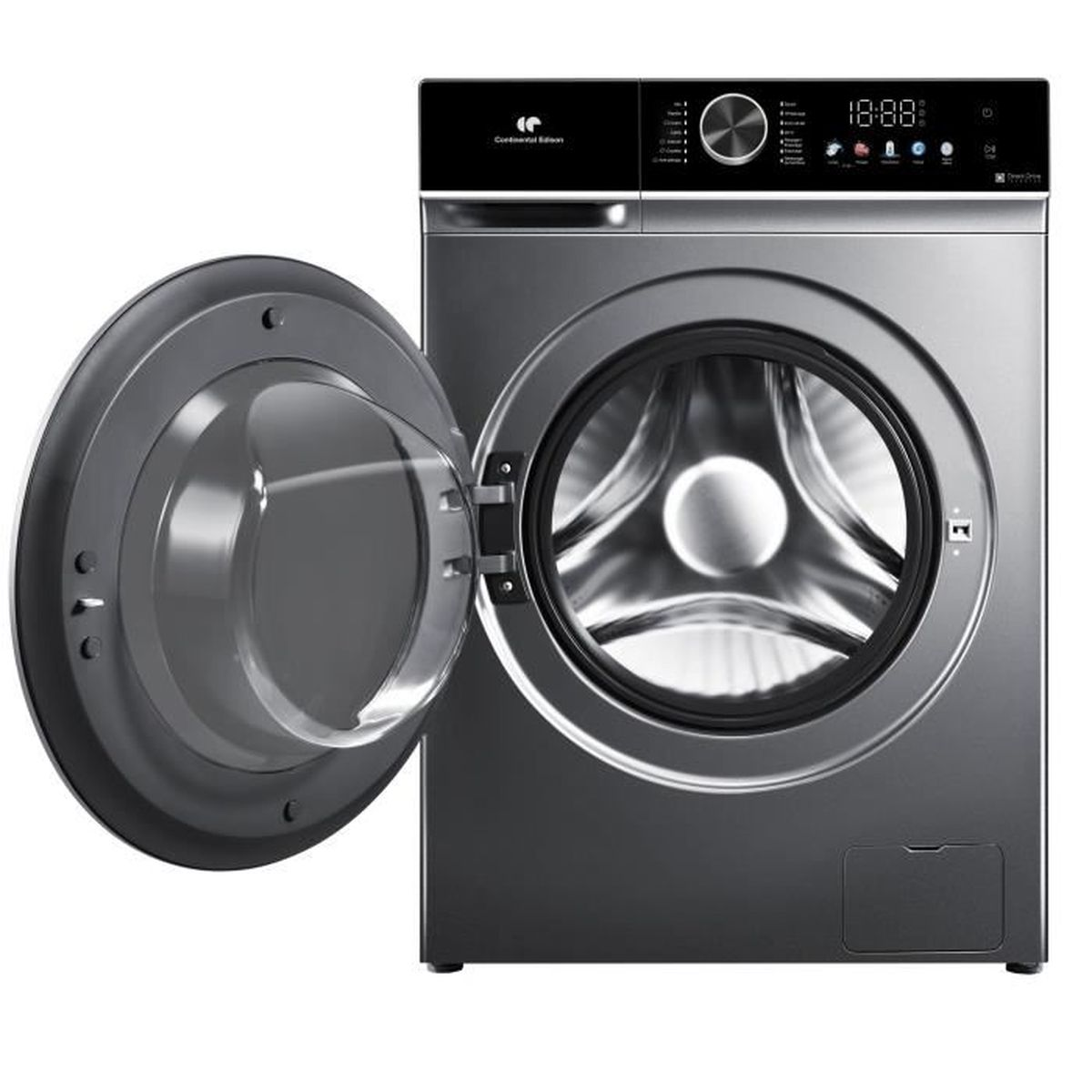 Eine moderne, silberne Waschmaschine mit offener Tür. Die Maschine hat ein digitales Display und ein Bedienfeld. Die offene Tür zeigt die Trommel.