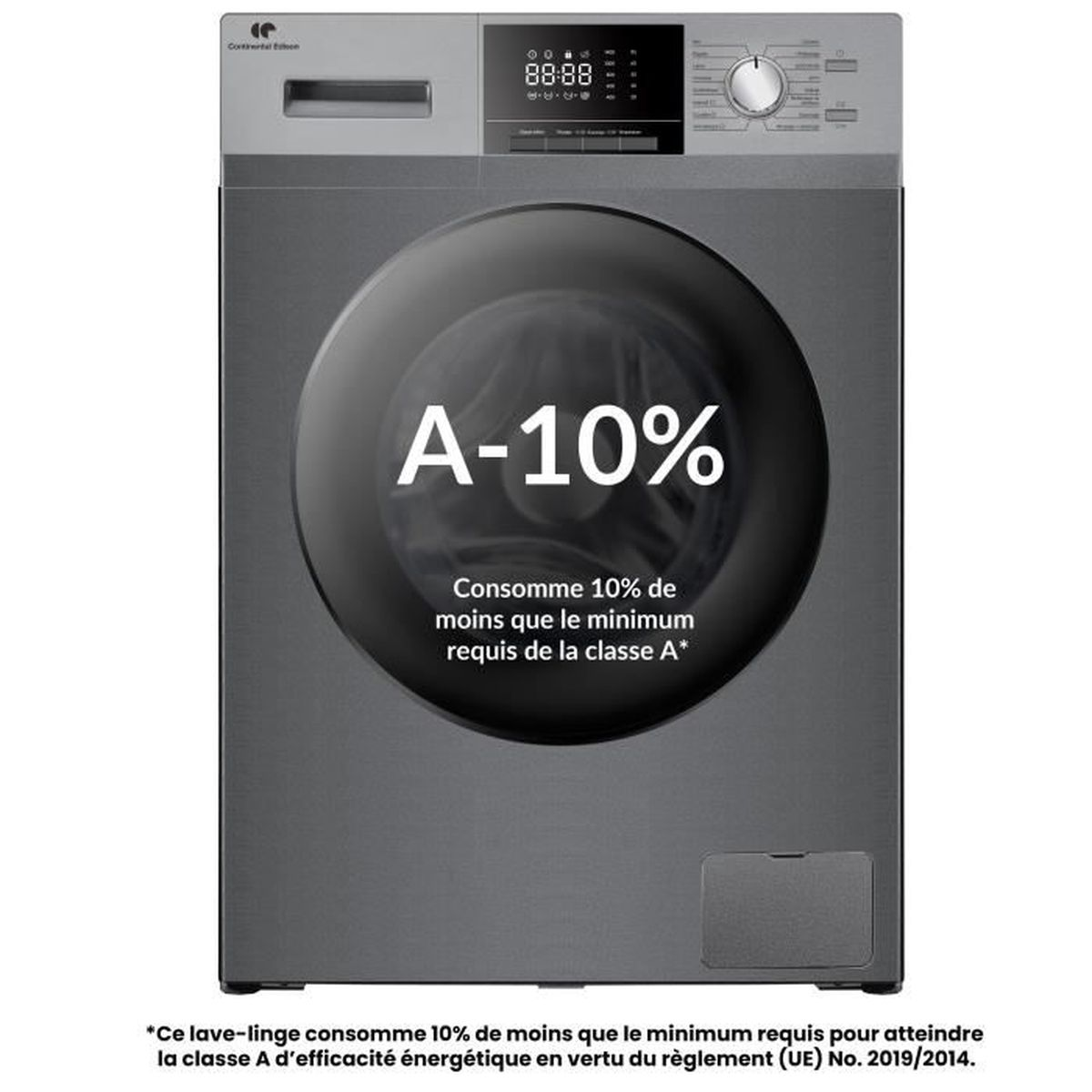 Eine Waschmaschine mit digitaler Anzeige. Sie hat eine große Tür mit dem Text 'A-10%'. Text unten beschreibt die Energieeffizienz.