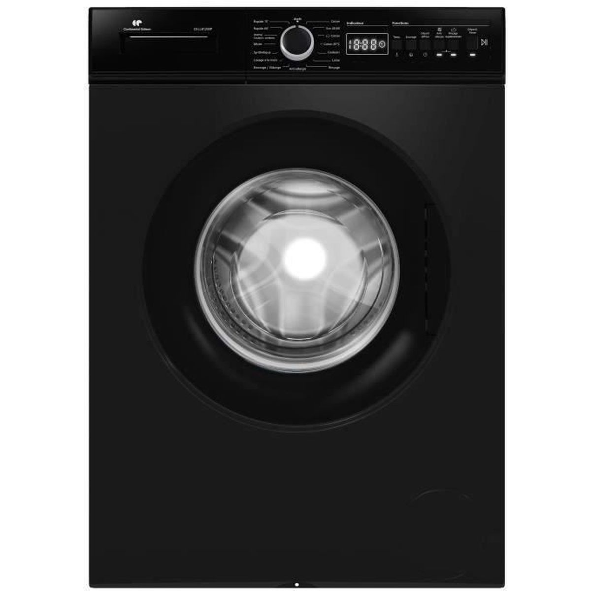 Eine schwarze Waschmaschine mit digitaler Anzeige 18:88. Sie hat eine runde Tür und mehrere Bedientasten oben.