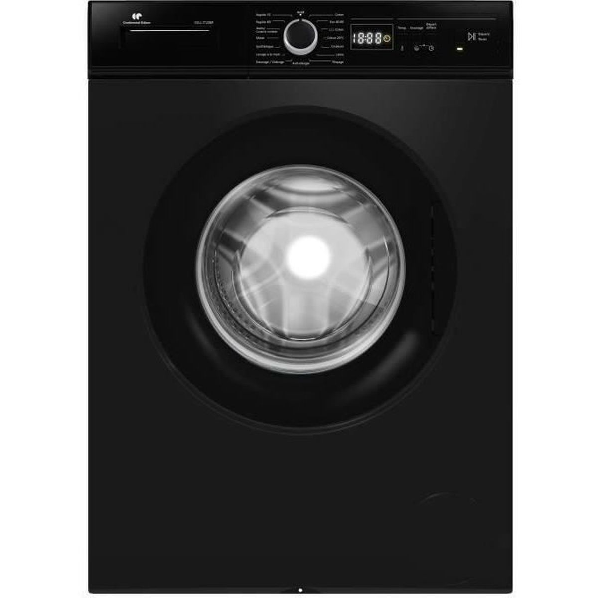 Eine schwarze Waschmaschine mit runder Tür und Digitalanzeige mit der Anzeige '18:88'.