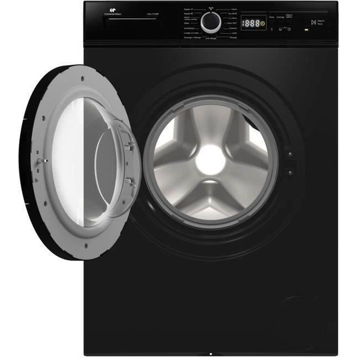 Eine schwarze Waschmaschine mit geöffneter Tür. Die Tür der Maschine ist offen und gibt die Trommel frei.