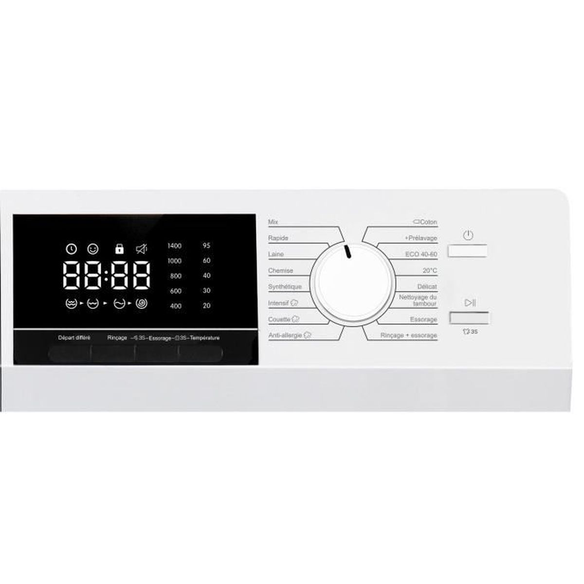 Ein weißes Bedienfeld einer Waschmaschine mit Digitalanzeige, die 88:88 anzeigt, und verschiedenen Programmen.