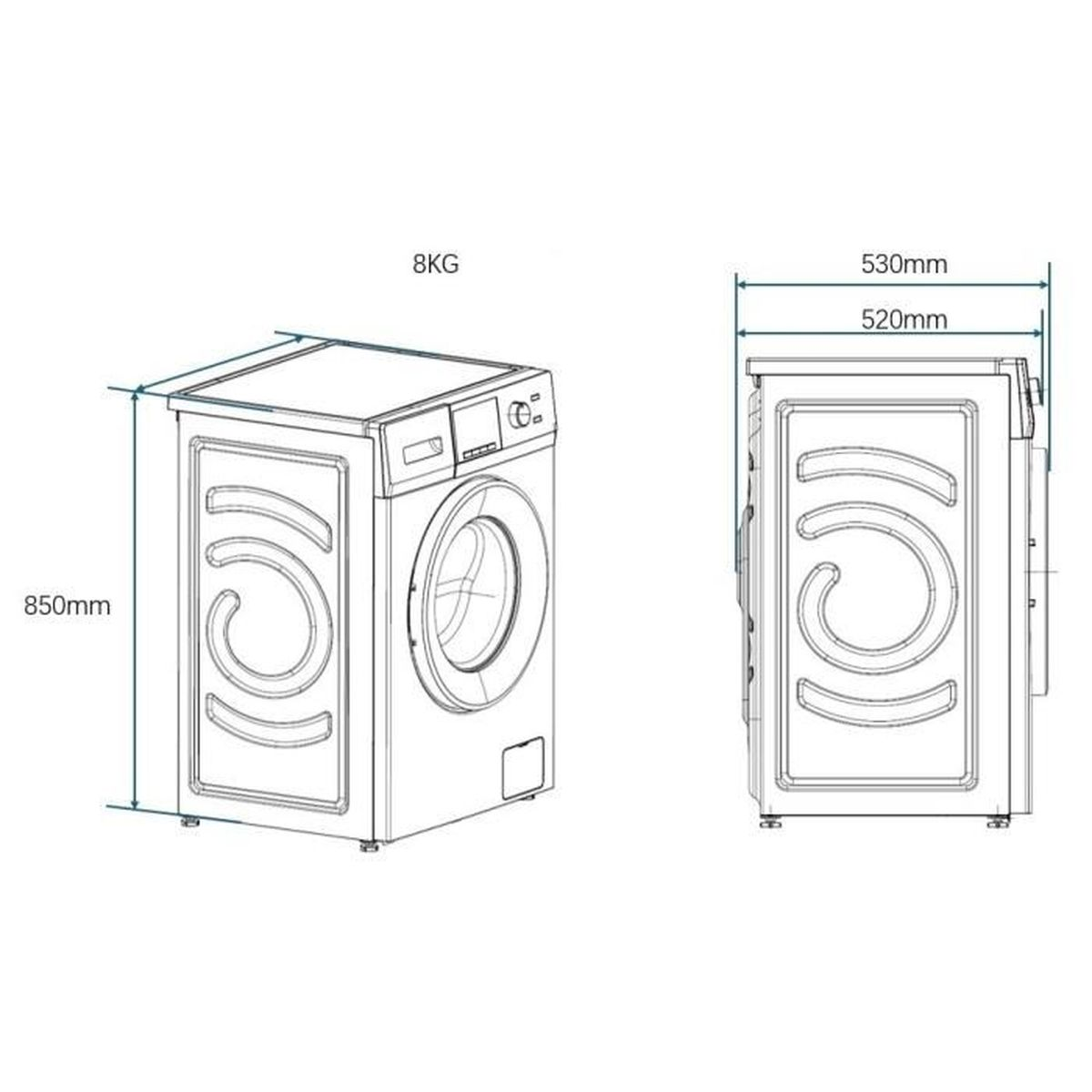 Diagramm einer Waschmaschine. Zeigt Abmessungen: 850 mm Höhe, 530 mm und 520 mm Breite und 8 kg Fassungsvermögen.
